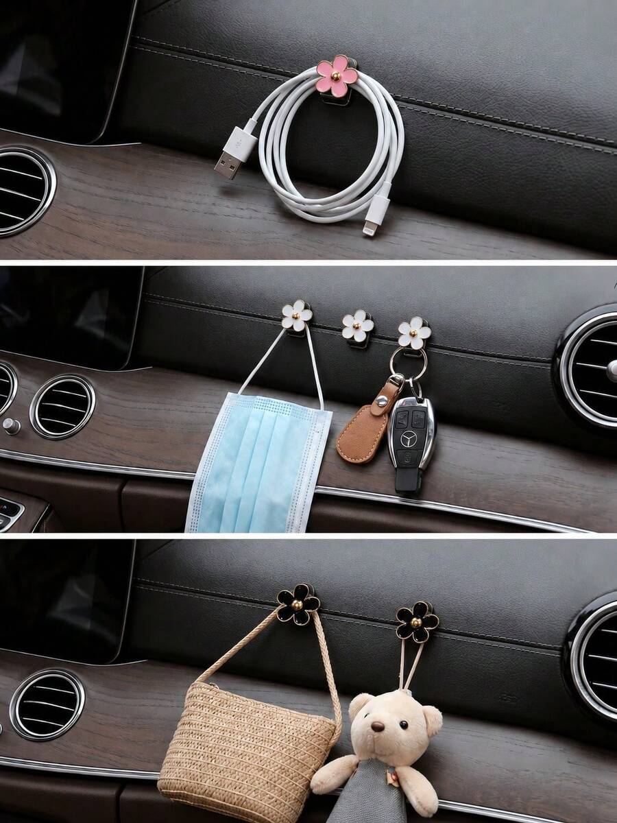 2 piezas de ganchos adhesivos mini para coche, ganchos de almacenamiento con forma de flor para el salpicadero y uso doméstico, adecuados para colgar bolsos, llaves y otros accesorios decorativos interiores - A - Ver 1