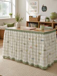 1pc Light Green Plaid Classroom Table Skirt, Sweet Campus Theme Polyester Tablecloth, Daisy Bow Apple Pencil Pattern, School Day Decoration Table Skirt, Suitable For Teacher Gifts, Home Decor, Classroom Decor And Party Decoration - Multicolor - View 2