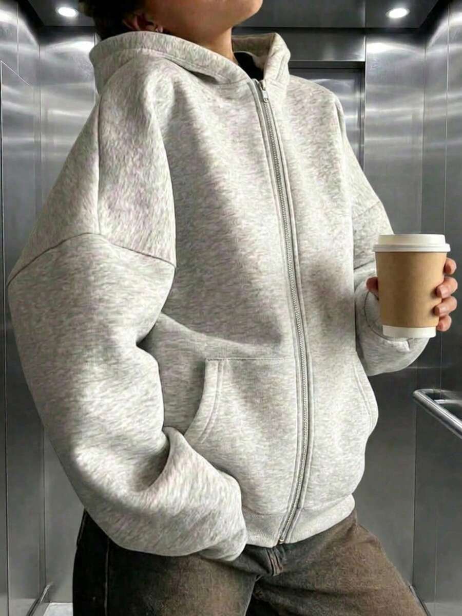 女款休閒舒適抓絨拉鍊口袋寬鬆連帽衫，適合日常穿著，秋冬女上衣，灰色秋季款