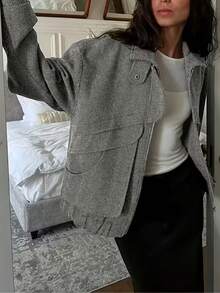 Women's Autumn/Winter Fashion Herringbone Pattern Jacket - Grey - View 4