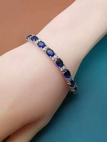Luxury Exquisite Copper Women's Bracelet / Multi-Color Crystal Zirconia Inlaid Tennis Zirconia Bracelet, Women's Wedding Jewelry. Suitable For Daily Wear/Summer/Vacation/Beach, Valentine's Day, Mother's Day, Christmas Gifts. Vintage Purple Faux Crystal And Cubic Zirconia Women's Anklet, Women's Luxury High-End Chain Bracelet, Gold Tone, Birthstone Bracelet, Perfect Gift, Wedding Accessory / Comes With Extension Chain. - Royal Blue - View 3