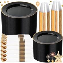 175pcs Black And Gold Disposable Dinnerware Set For 25 Guests Includes Plates Cups And Pre Rolled Napkins With Cutlery For Parties And Events - Black Or Gold - View 1