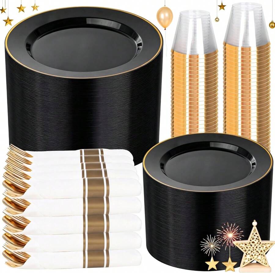 175pcs Black And Gold Disposable Dinnerware Set For 25 Guests Includes Plates Cups And Pre Rolled Napkins With Cutlery For Parties And Events - Black Or Gold - View 1