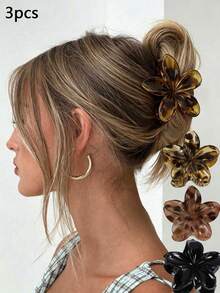 3pcs Random Color Flower Hair Clips, Matte Large Flower Shape Hair Claw, Women's Sweet Cute Solid Color Hair Accessory, Daily Casual Hairstyle Accessory - Multicolor - View 14