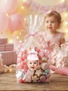 Custom Face Birthday Sticker,Personalized Baby Girl Portrait Pink Bow Party Hat,Baby Shower Decor Supply,1st Birthday Party Favor,Gender Reveal Gift - Multicolor - View 6