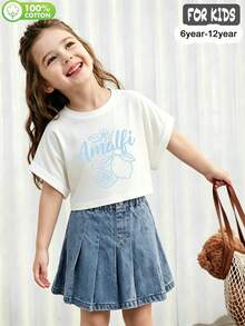 Girls 100% Cotton Drop-Shoulder Short-Sleeved T-Shirt With A Lemon And Leaf Print, In A Cute And Sweet Style - White - View 2