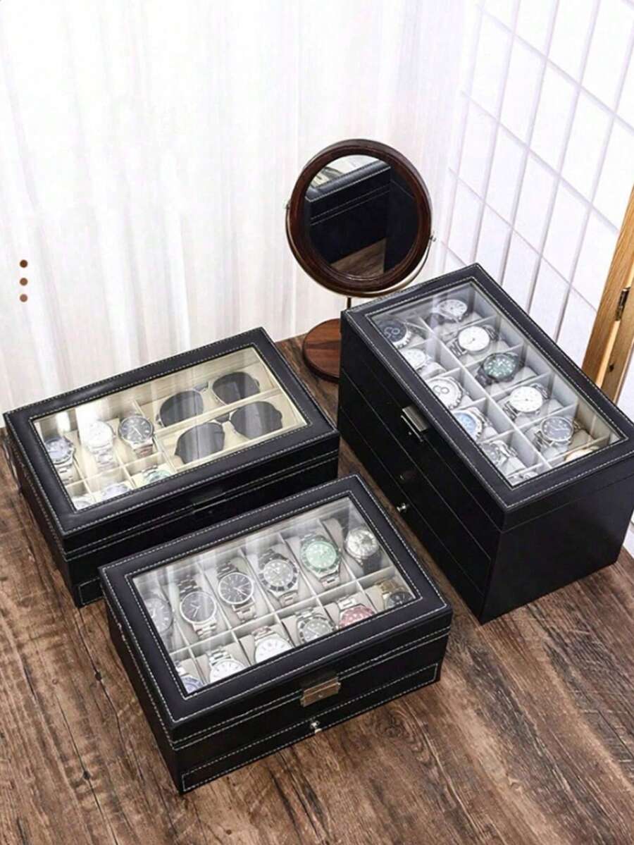 1件裝黑色皮革手錶收納盒,居家收納盒,高端精緻展示盒,機械錶珠寶盒 - 黑色 - 查看 1