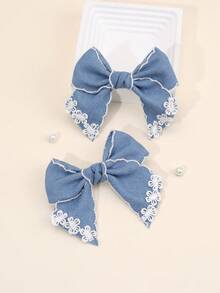 4pcs/2pcs Blue Minimalist Bow Hair Clips, Denim Fabric Floral Print, Glitter Sequin Hair Clips, Hair Accessories Gift For Kids And Teenagers For Kids Daily School Wear - Multicolor - View 2