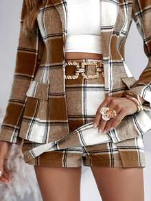 ChicMe Women's 2-Piece Plaid Suit Set, Lapel Jacket With Skort, Vintage Casual Business Commute Outfit - Coffee Brown - View 11