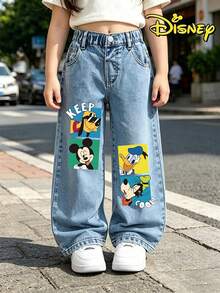 Disney Kids Cartoon Print Blue Jeans,Mickey Donald Pluto Graphic Baggy Wide Leg Soft Denim Casual Sport Outfits For School Daily Outdoor Kids Wear - Dusty Blue - View 1