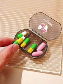 Pill Box Decorated With "Happy Pill" Pattern, 3-Compartment Portable Pill Box, Mini Pill Box, Portable Jewelry Pill Box, Customizable Letter Logo As Creative Gift. This Is A Decorative Travel Pill Box, Suitable For Travel, Outdoor Activities, Can Be Placed In Bags And Pockets, Unique Design. - Multicolor - View 5