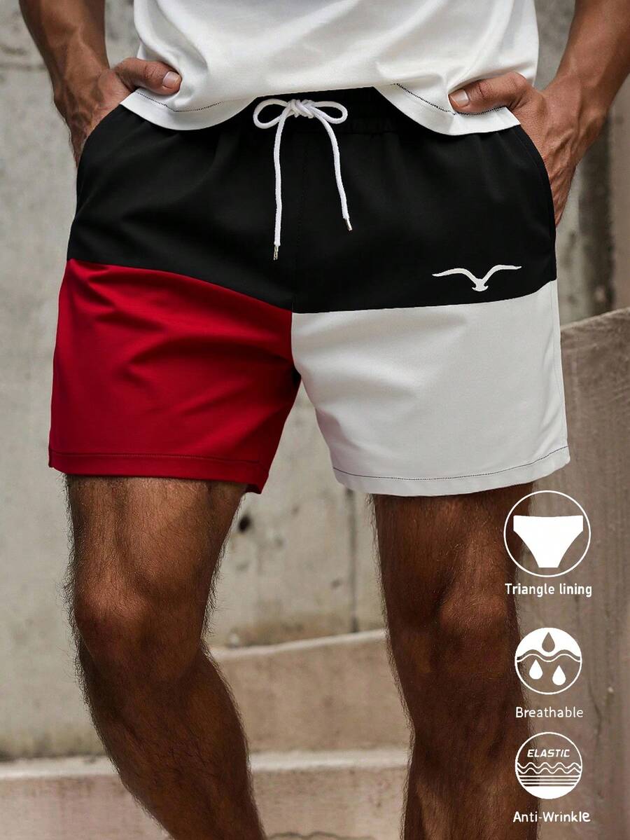 Men's Summer Printed Pattern Drawstring Waist Slant Pocket Hawaiian Quick-Dry Double-Layer Mesh Lined Shorts, Seagull Contrast Color 3D Artistic Print, Fashionable Casual Beachwear Swim Trunks - Multicolor - View 1