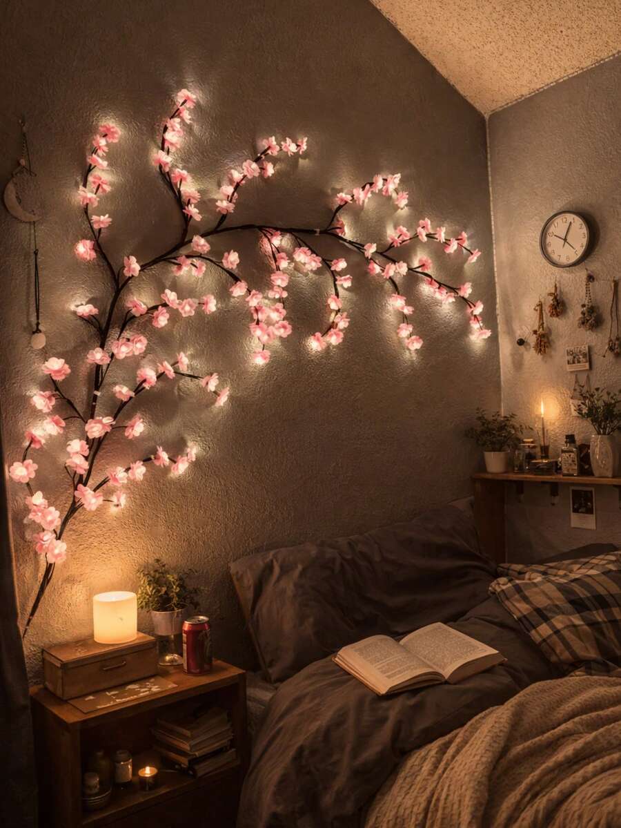 1pc Cherry Blossom Branch LED String Lights, USB Powered, 8 Flashing Modes, Soft And Bendable, Suitable For Indoor/Outdoor Spring/Summer Decoration, Living Room, Bedroom, Wall, Wedding, Party, Valentine's Day, Birthday And Graduation Gift - Warm white light - View 1