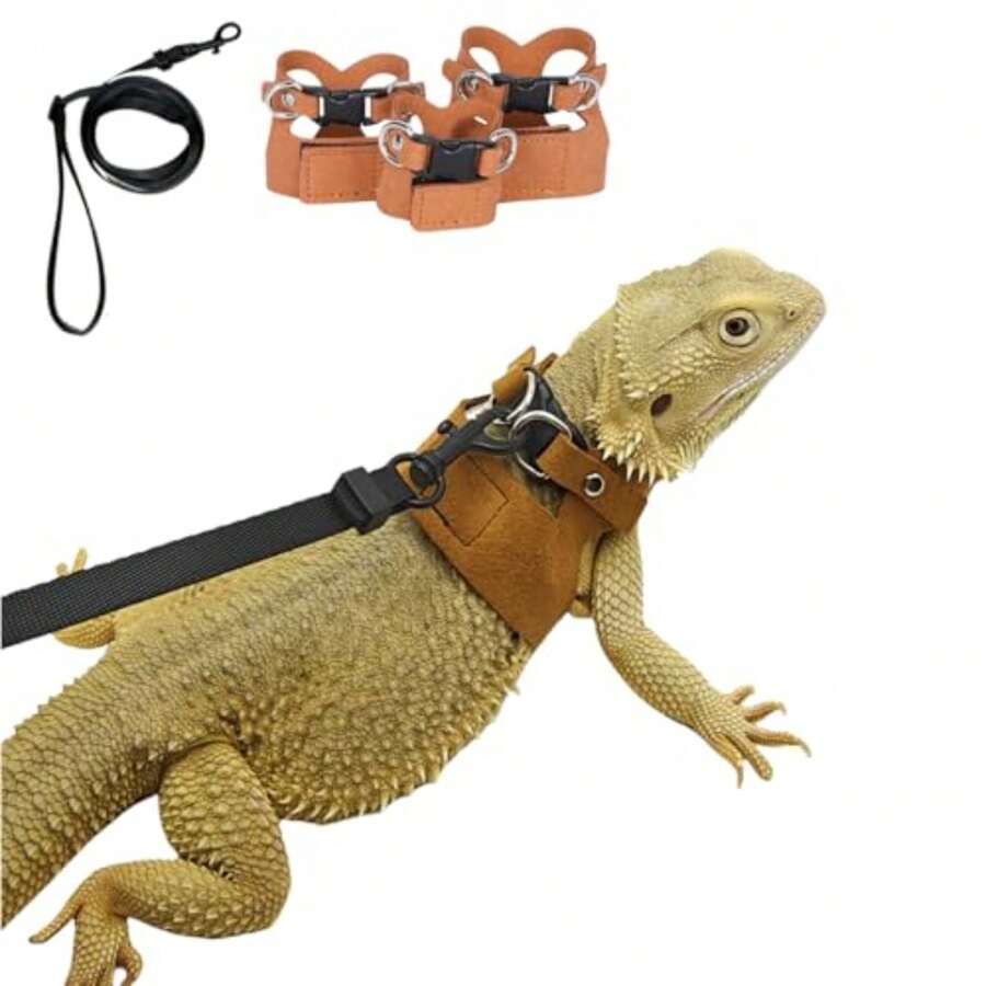 3 Pack Bearded Dragon Harness And Leash Set - Adjustable Soft Leather Lizard Harness Leash Small Animal Traction Rope Training Walking Vest Accessories For Reptile Squirrel Rat - Brown - View 1