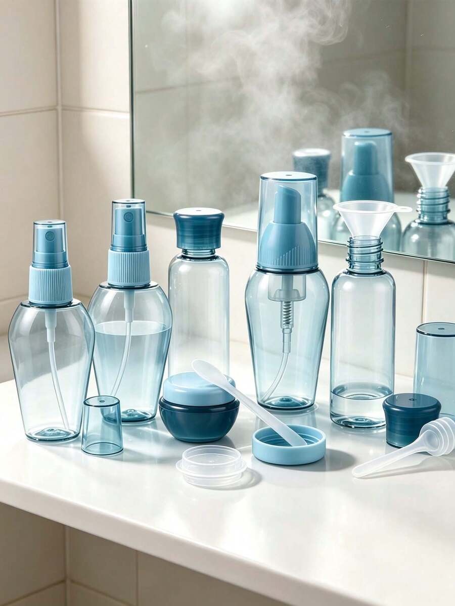 Set Botol Isi Ulang Perawatan Kulit Portabel Mini untuk Perjalanan, Botol Semprot & Pompa Biru Transparan, Wadah Krim, Corong, Sendok, Set Lengkap untuk Losion, Toner, Pembersih Riasan, Perjalanan & Perjalanan Bisnis