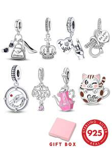 1pc S925 Sterling Silver Lifestyle Charm Bead, Crown, Heart Gesture, Commemorative Plaque, Teapot Coffee Cat Multiple Styles, Colorful Zirconia Enamel Exquisite Details, Comes With Gift Box, Suitable For Bracelet Necklace, Handmade DIY Jewelry, Daily Gentle Gift Accessory - Multicolor - View 12