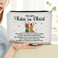 1pc Polyester Double-Sided Small Makeup Bag, 5.9" X 8.66" Portable Cosmetic Pouch With "Sisters In Christ" Inspirational Text, Symbolizing Devout Spiritual Connection, Perfect For Daily Makeup Storage And Travel Toiletries Organization - Multicolor - View 3