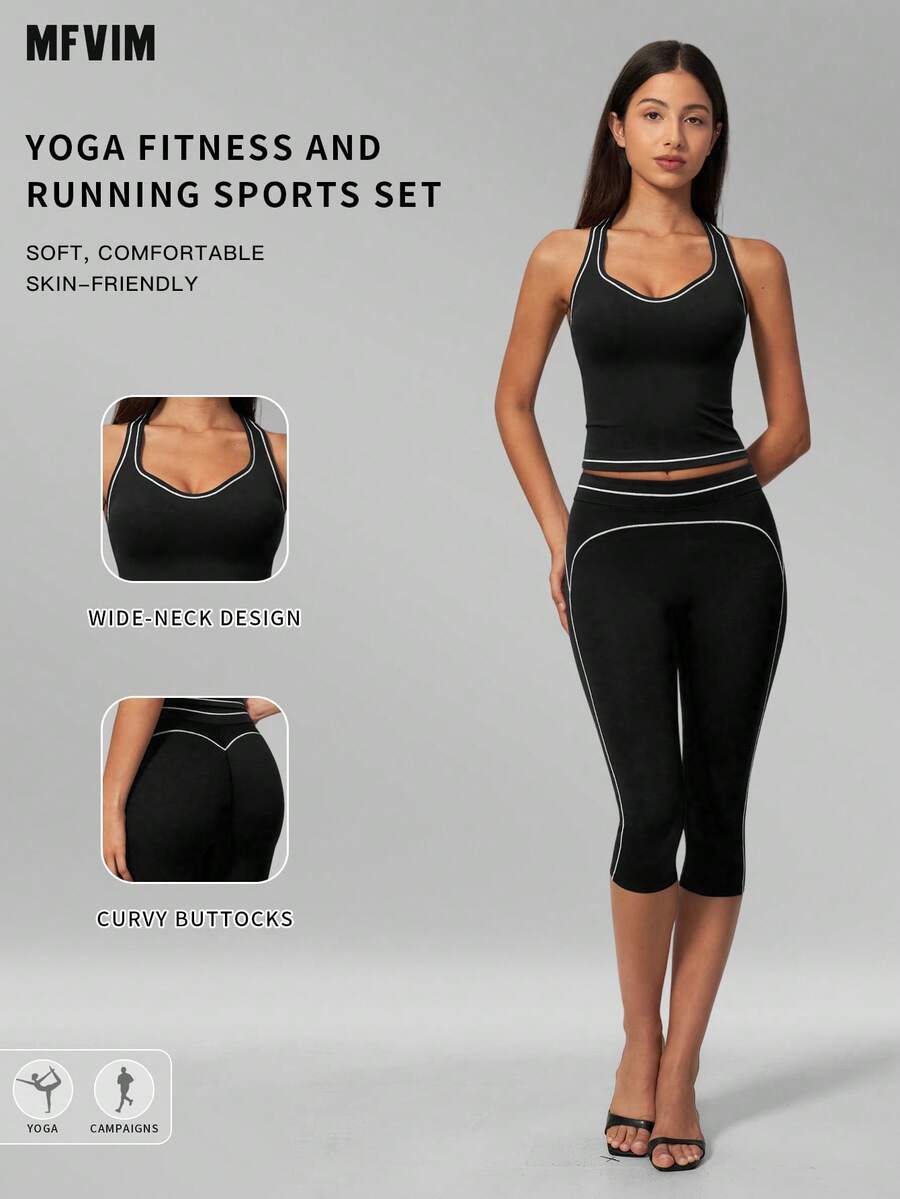 MFVIM Conjunto deportivo de top de tirantes a rayas con bloques de color y leggings cortos ajustados, adecuado para trote diario al aire libre, ciclismo y yoga - Negro premium - Ver 1