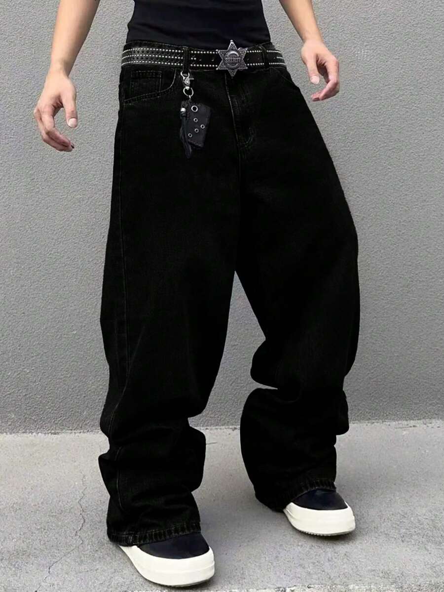 Teen Boys Casual Vintage Washed Loose Wide Leg Pants - Black - View 1