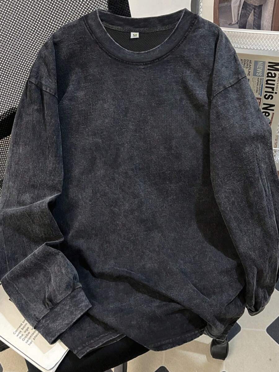 American Vintage Distressed Washed Loose Fit Long Sleeve T-Shirt Casual - Washed Black - View 1