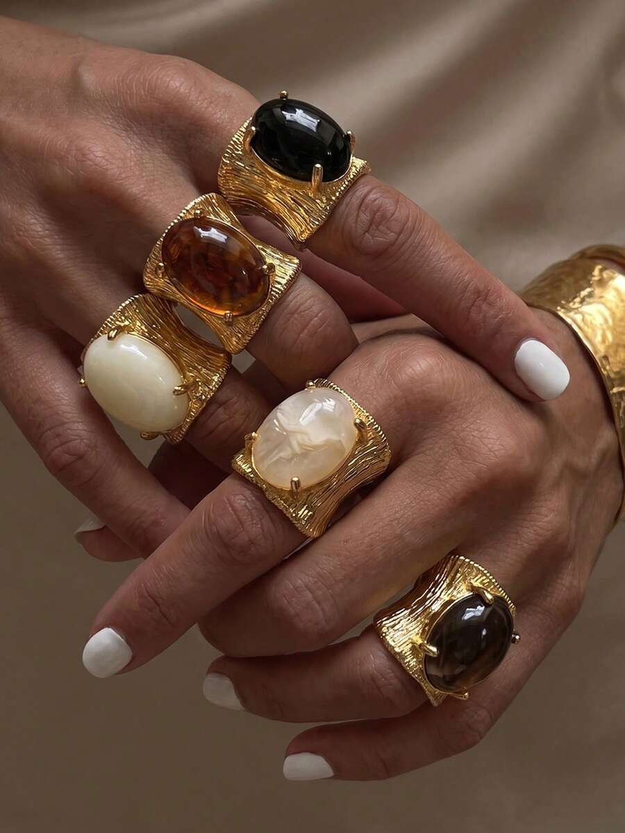 1pc Vintage Exaggerated Hip Hop Inlaid Resin Gemstone Fashion Ring, Versatile Asymmetrical Geometric Ring, Great Gift