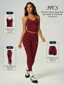 UONNOU 3-Piece Set Angola Red Halter Neck Shaping Tank Top + Waist-Cinched Butt-Lifting Tight Shorts + Long Pants, Cycling Yoga Fitness Casual Sports - Red - View 2