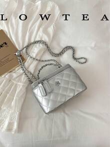 Low Tea 1pc Solid Color PU Fabric Handbag, Women's Fashion Mini Box-Shaped Top Handle Design, Zipper Closure, Vegan Leather Purse, Clean Girl - Silver - View 5