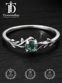 Tysoendlay 1 pieza Anillo de promesa de plata de ley 925 estilo bohemio con ágata natural y hoja de musgo, anillo de boda con piedra de nacimiento, regalo de joyería para mujer, regalo de aniversario - Plata antigua - Ver 8