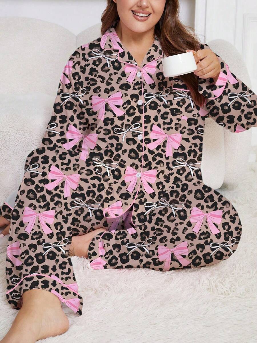2pcs/Set Women Plus Size Pajama Set, Leopard Print Bow Design, Women Loungewear, Long Sleeve Lapel Top And Pants, Can Be Worn Out - Multicolor - View 1