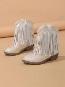 NILOSH Girls' Beige Glitter Tassel Decor Embroidered Side Zipper Round Toe Low Chunky Heel Western Cowboy Boots - Beige - View 1