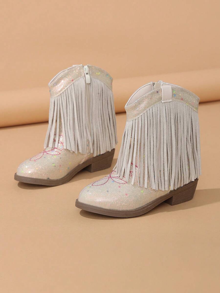 NILOSH Girls' Beige Glitter Tassel Decor Embroidered Side Zipper Round Toe Low Chunky Heel Western Cowboy Boots - Beige - View 1