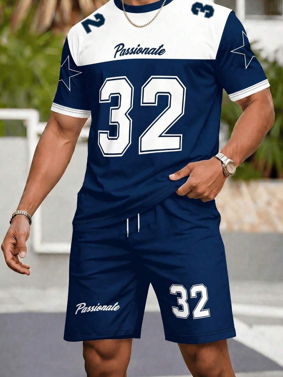 男士 2 件組運動休閒套裝「熱情 32」星星印花圓領短袖 T 恤 + 短褲 - 寶藍色 - 查看 1