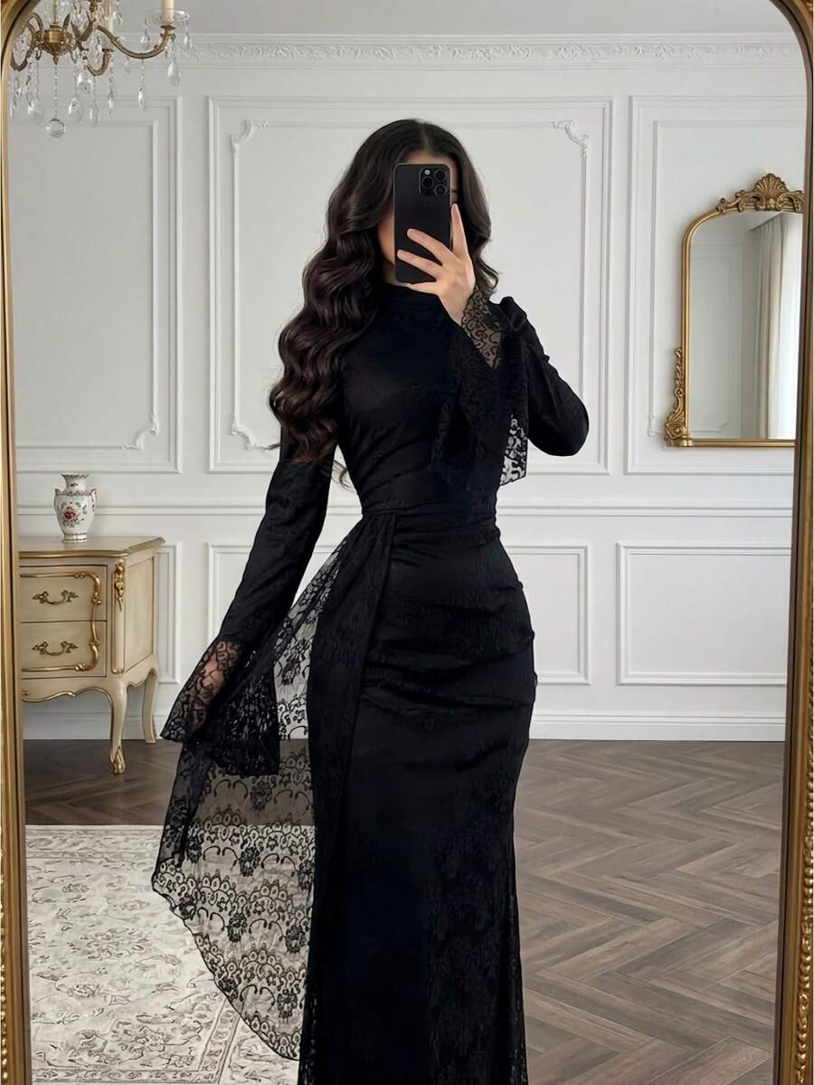 Elegantes Spitzen-Stehkragen-Kleid mit extra langen Ärmeln, figurbetontes Partykleid für Halloween - Schwarz - Übersicht 1