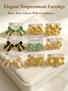 9 Pairs Asymmetric Textured Stainless Steel Fashion Pearl Stud Earrings, Including Flower And Bow Designs. Elegant Pearl Earrings Suitable For Various Occasions, Valentine's Day, Mother's Day, Gifts. High-Quality Hypoallergenic Daily Wear Earrings, Perfect Gift For Family And Friends - Pearl Set - View 8