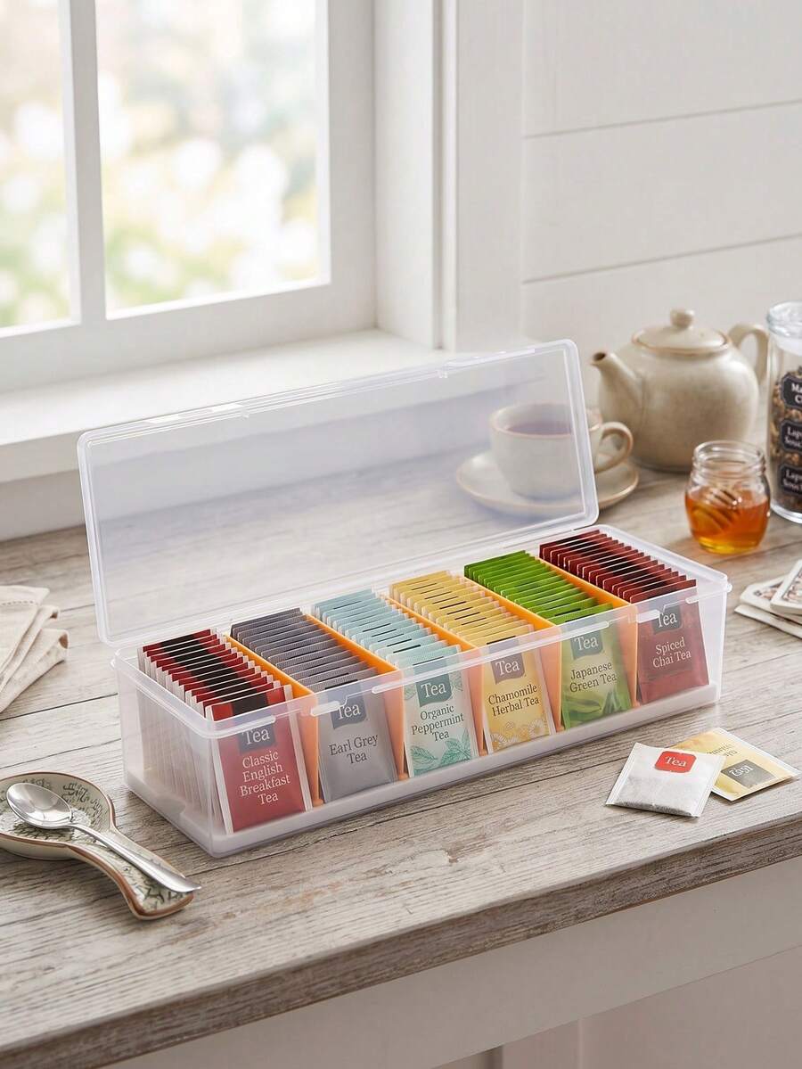 1個白色塑料茶包收納盒附底座,7格可調式咖啡包收納盒,翻蓋防潮防塵,適用於廚房、辦公室茶室、客廳咖啡桌及小物品收納 - 白色 - 查看 1