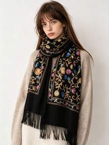 1pc Vintage Floral Embroidered Scarf With Colorful Line Pattern, Thick Warm Oversized Shawl, Premium Gift For Mom And Elders - Black - View 4