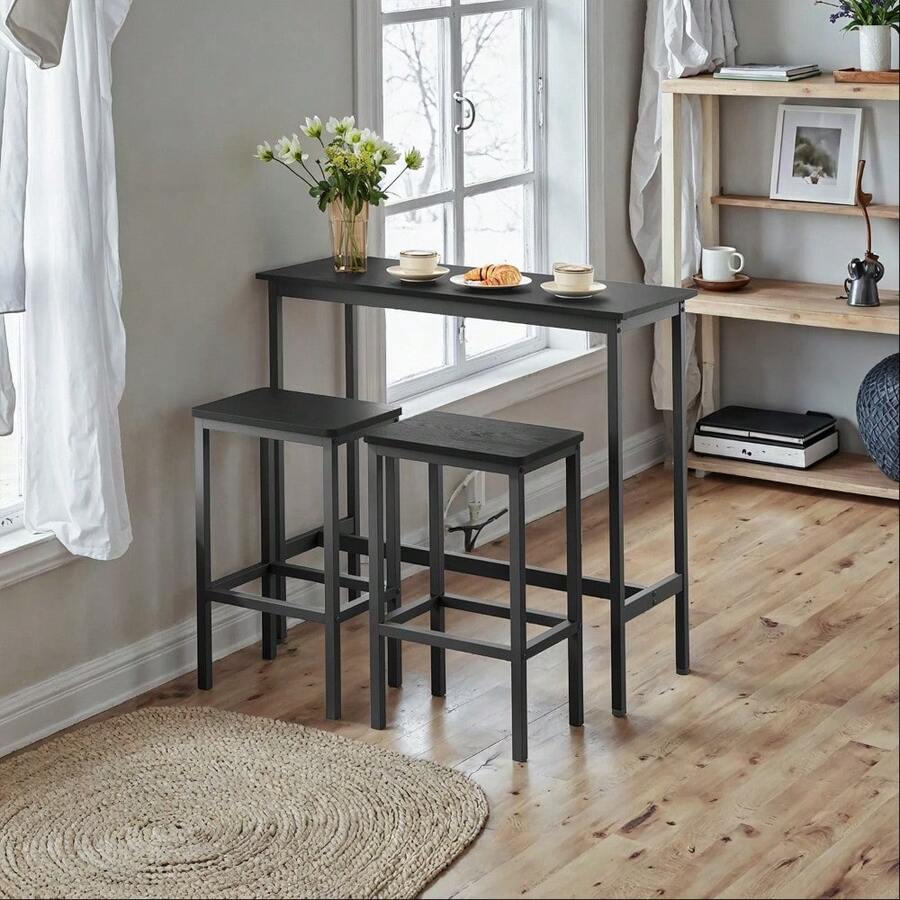 Bar-Height Table And 2 Matching Stools Set – Modern Steel Frame Design, Compact Kitchen Or Home Bar Solution, Sleek Black Finish, Easy Assembly, Space-Saving Round Top, Durable Metal Construction, Contemporary Indoor Dining Or Counter Seating Option - Black - View 1