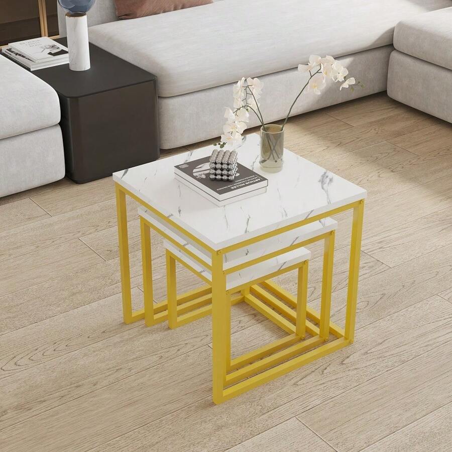 3-Piece Stackable Nesting Tables Set – Marble-Effect MDF Tops With Sleek Metal Frames, Compact Sofa Side Tables For Living Room, Space-Saving Design, Modern Minimalist Style - White In Golden Frame - View 1