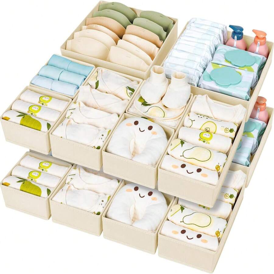 15pcs DIMJ Drawer Organizer Clothes Foldable Baby Organizers And Storage & Closet Organizers For Bedroom, Closet - Nursery Organization Dresser Dividers For Underwear, Sock,Bra, Belt, Tie, Beige - View 1