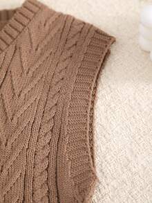Boys' Preppy Solid Color Cable Knit Vest Sweater - Brown - View 4