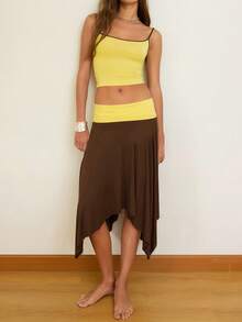 DOUCIU 2pcs Cute Women's Two Pieces Outfit Cropped Spaghetti Strap Top And High-Low Midi Skirt, Stylish Medium Stretch For Party - Brown - View 4