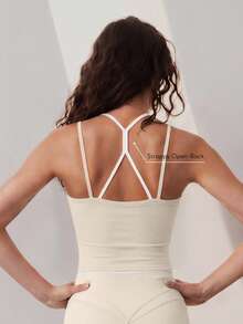 Sodalemon Women's Fitness Cross-Back Tank Top, Yoga Contrast Color Detachable Padding Spaghetti Strap Sleeveless Sports Tank - Beige - View 2