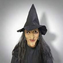 2pcs Halloween Horror Witch Mask, Latex Full Face With Hat And Long Hair, Haunted House Escape Room Cosplay Prop - View 9