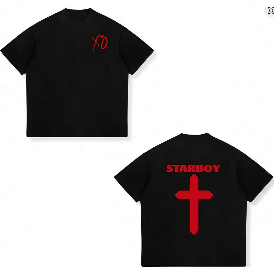 Camiseta negra de algodón de con estampado de "Starboy" de d, con la palabra "XO" escrita a mano en rojo y un corazón en la parte delantera, y "Starboy" y una cruz en la - Negro - Ver 1
