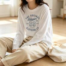2026 New Arrival, Pure CottonCrew Neck Long Sleeve T-Shirt The Original Superior Clothing Co Print Y2K, Korean Style, Spring Autumn Essential Basic - White - View 7