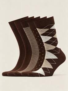 1/4 Pair Men's Brown Diamond Grid Polka Dot Striped Mid-Calf Socks, Breathable Vintage Gentleman, British Style, Geometric Print, Diamond Grid Polka Dot Striped, Suitable For Office Commute Gift-Giving Scenarios, Minimalist Style, Classic Design, Suitable For Daily Commute Office Scenarios, Suitable For Business Workplace Gift-Giving Scenarios, - Multicolor - View 4