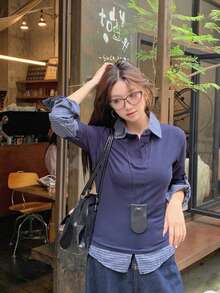 New Women's Spring/Autumn 2 In 1 Polo Collar Colorblock Long Sleeve T-Shirt, Versatile Preppy Style Slim Fit Knit Top - Royal Blue - View 7