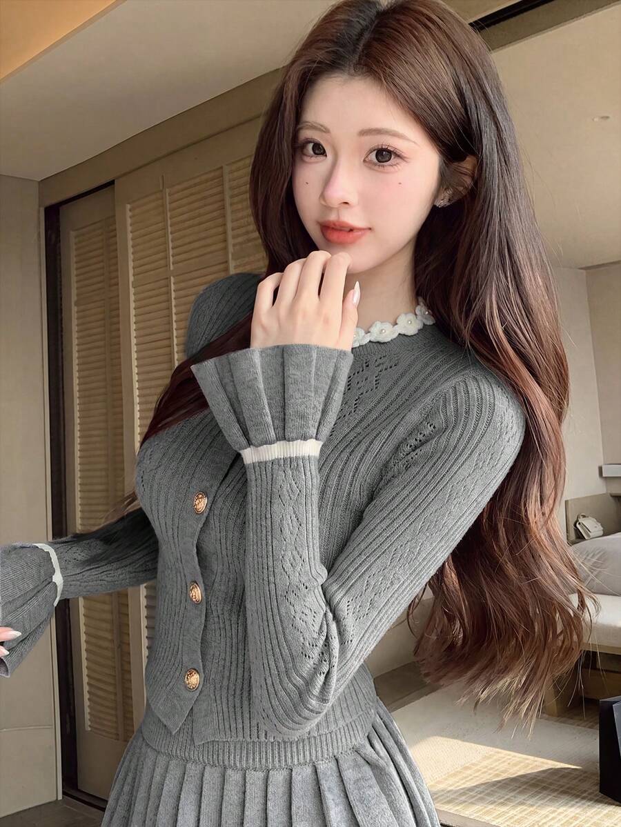 2026 Preppy Argyle Knit Cardigan, Round Neck Lace Trim Cropped Cardigan, Youthful Style Knitwear, Spring/Autumn Daily Campus & Commute, Stretchy Knit Fabric Slimming Cardigan For Women 18-35 Years Old - Grey - View 1