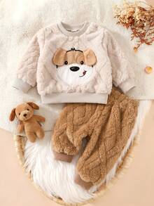 Newborn Autumn/Winter Cute Dog Plush Outfit, Easy-To-Wear Snap-Closure Long Sleeve Top And Solid Color Comfortable Pants 2 Pieces Set - Multicolor - View 2