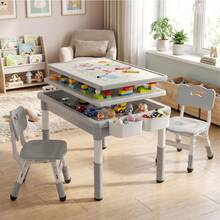 Kinder King Kids Table And Chairs Set, Height Adjustable Children Activity Table W/Storage, Graffiti & Building Blocks Tabletop, Toddler Furniture Set For Classroom, Daycare, Home, Age 3+ - Light Grey - View 1
